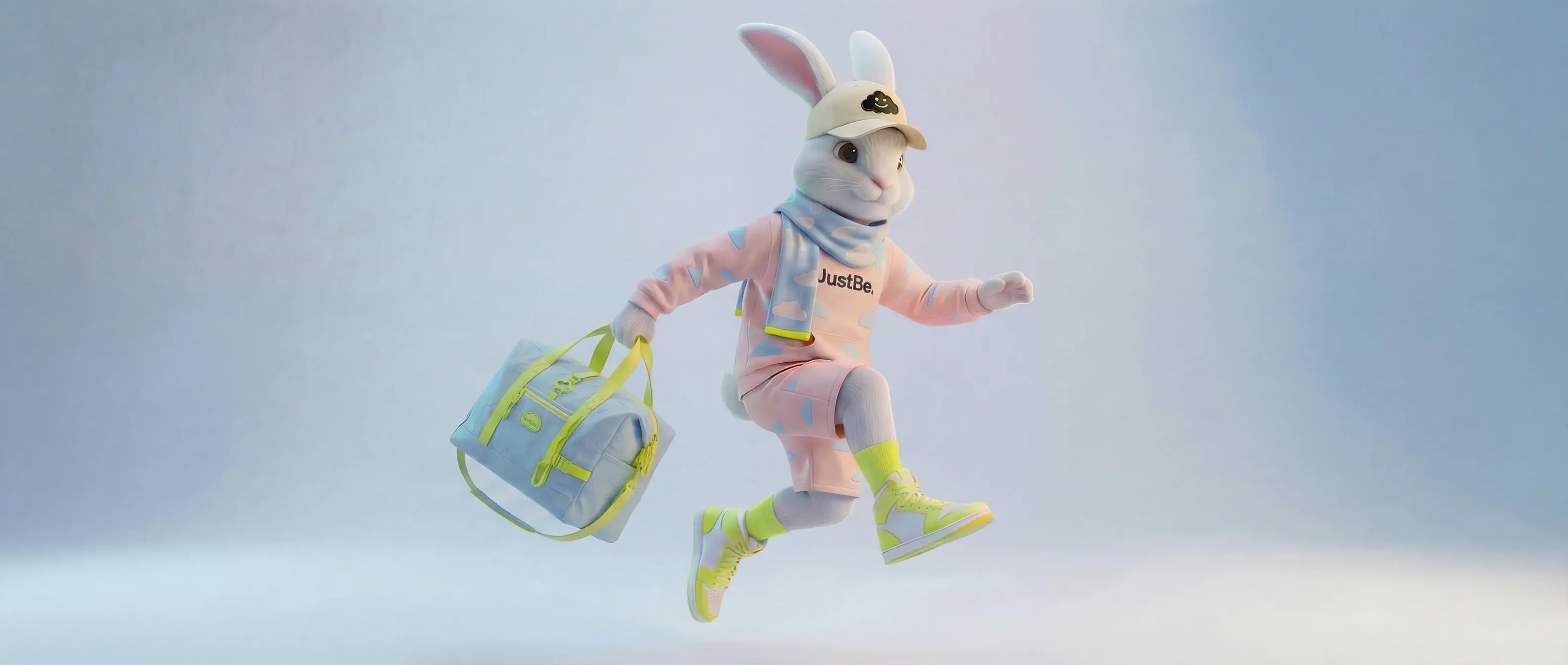 Der JustBe-Hase bricht mit seiner Tasche zu neuen Möglichkeiten auf