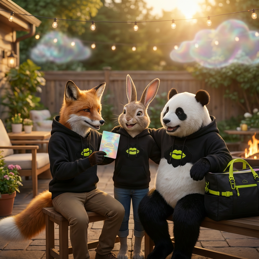 JustBe’s fox, rabbit, and panda sharing an idea at an outdoor gathering